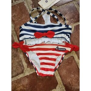 Tutto Piccolo Baby Girls Nautical Stripe Bikini Red Bows Size 4 NWT